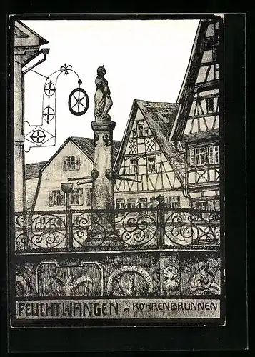 Künstler-AK Feuchtwangen, Röhrenbrunnen und alte Häuser