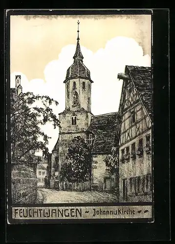 Künstler-AK Feuchtwangen, Ortspartie mit Johanniskirche