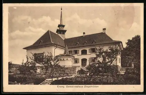 AK Ziegelhütten, Evang. Gemeindehaus mit Garten und Kirche