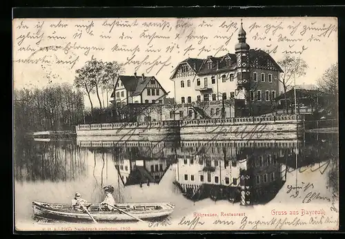 AK Bayreuth, Ruderboot auf dem Röhrensee, Blick zum Restaurant