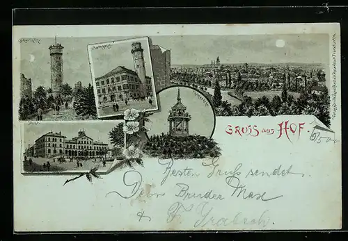 Lithographie Hof, Ortsansicht, Rathhaus, Post, Thomashöhe