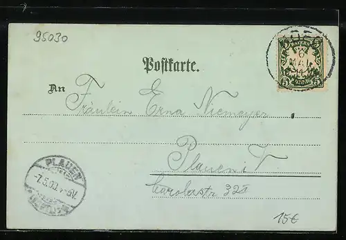 Lithographie Hof, Ortsansicht, Rathhaus, Post, Thomashöhe