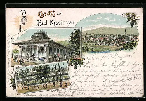 Lithographie Bad Kissingen, Rakoczybrunnen, Café Bijou und Ortsansicht