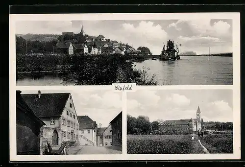 AK Wipfeld a. M., Strassenpartie mit Kolonialwaren Dotzel, Kirche, Ortsansicht mit Main