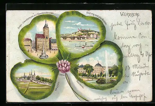 Passepartout-Lithographie Würzburg, Festung und alte Brücke mit Dampfer, Residenz, Kleeblatt