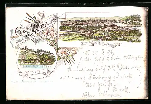 Lithographie Würzburg, Käppli, Panorama mit Brücken aus der Vogelschau