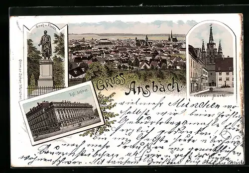 Lithographie Ansbach, Kgl. Schloss, Oberer Markt, Graf von Platen Denkmal, Stadtansicht