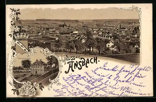 Lithographie Ansbach, Prinzenschloss, Gesamtansicht, Wappen