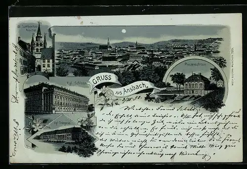 Lithographie Ansbach, Kgl. Orangerie, Kgl. Schloss, Prinzenschloss, St. Gumbertuskirche