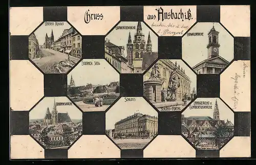 Passepartout-AK Ansbach i. B., Eiserner Steg, Schloss und Portal, Oberer Markt