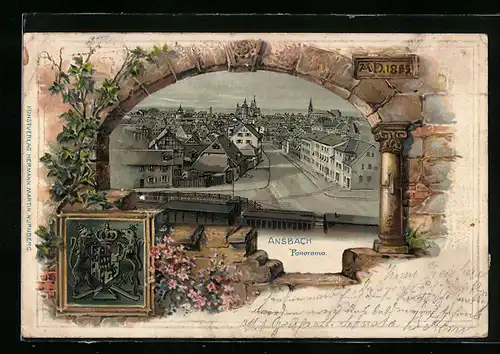 Passepartout-Lithographie Ansbach, Ortspanorama, Wappen