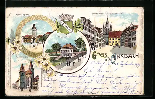 Lithographie Ansbach, Prinzenschloss, Oberer Markt und St. Gumbertus-Kirche