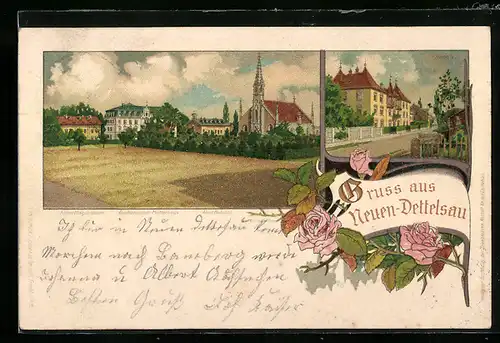 Lithographie Neuen-Dettelsau, Strassenpartie mit Gebäudeansicht, Ortspartie