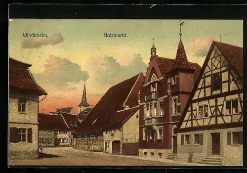 AK Windsheim, Holzmarkt mit Kirchturm, Strassenpartie