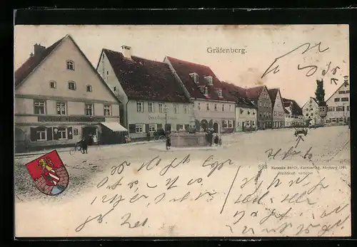 AK Gräfenberg, Ortspartie mit Brunnen, Gasthof und Fleischer, Wappen