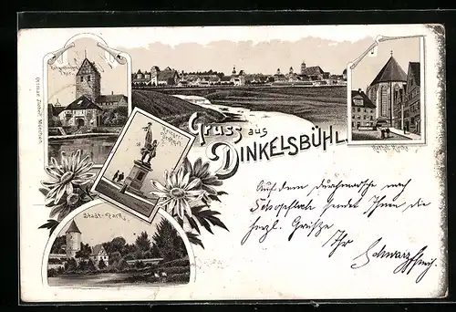 Lithographie Dinkelsbühl, Kathol. Kirche, Krieger-Denkmal, Stadt-Park, Ortsansicht