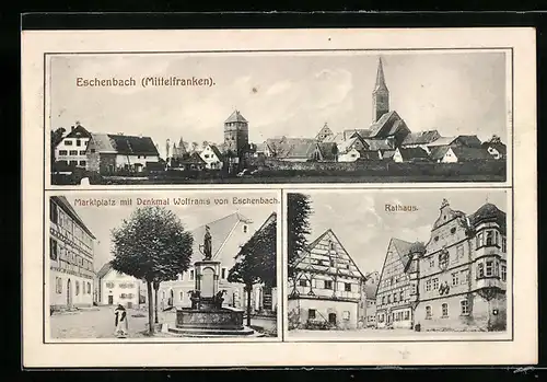 AK Eschenbach /Mittelfranken, Marktplatz mit Denkmal Wolframs von Eschenbach, Rathaus