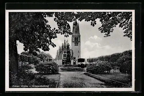 AK Erkner, Kirche mit Kriegerdenkmal