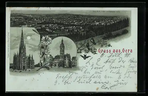 Mondschein-Lithographie Gera, St. Johannis Kirche, Rathaus, Ortsansicht