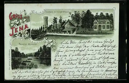 Lithographie Jena, Forsthaus mit Kriegerdenkmal, Paradies Panorama