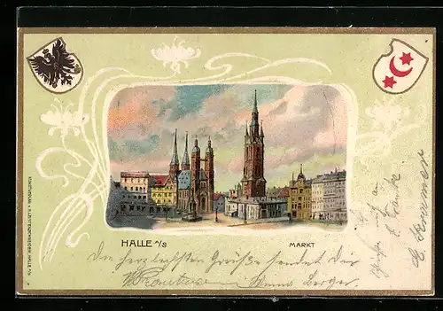 Passepartout-Lithographie Halle a. S., Markt mit Kirche