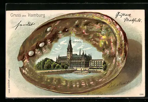Passepartout-Lithographie Hamburg, Rathaus in einer Muschel