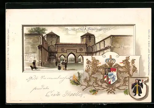 Passepartout-Lithographie München, Sendlingerthor mit Wappen