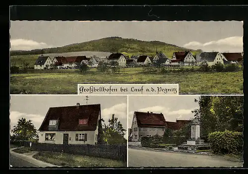 AK Grossbellhofen bei Lauf, Ortspartie mit Denkmal, Ortsansicht