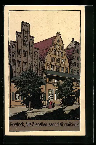Steindruck-AK Rostock, alte Giebelhäuser und Nicolaikirche