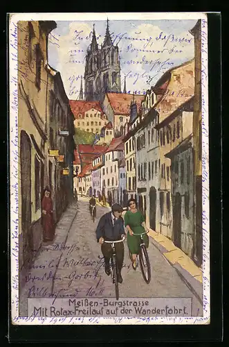 Künstler-AK Meissen, Fahrradfahrer in der Burgstrasse