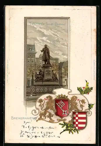 Passepartout-Lithographie Bremerhaven, Bürgermeister Smidt-Denkmal, Wappen, Neujahrsgruss