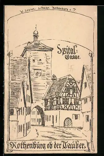 Künstler-AK Rothenburg ob der Tauber, Blick in die Spital-Gasse