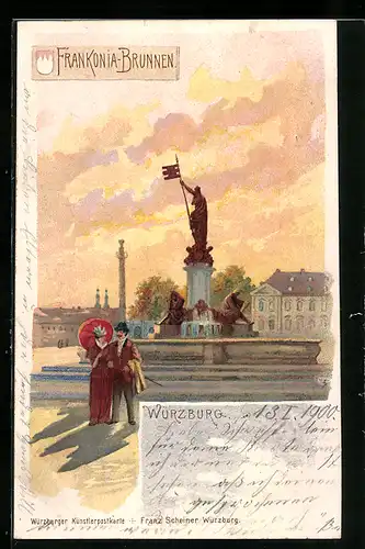 Lithographie Würzburg, Abendstimmung am Frankonia-Brunnen