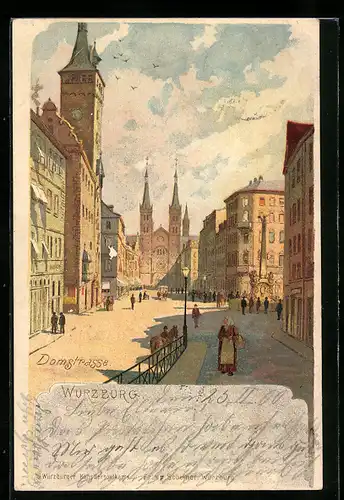 Lithographie Würzburg, Blick in die Domstrasse