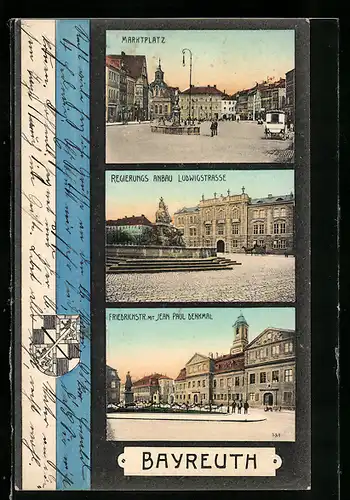 AK Bayreuth, Friedrichstrasse mit Jean Paul Denkmal, Marktplatz