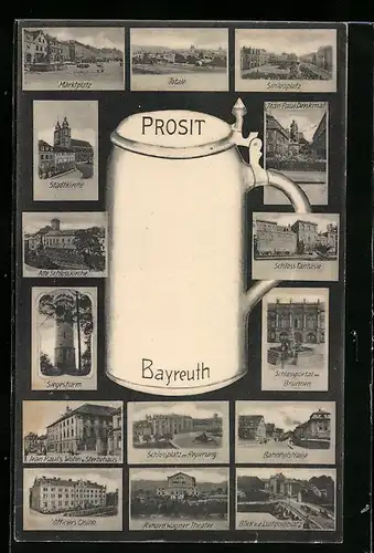 AK Bayreuth, Bahnhofstrasse, Officiers Casino, Siegesturm, Bierhumpen