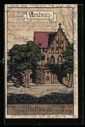 Steindruck-AK Amberg, Blick auf das Rathaus