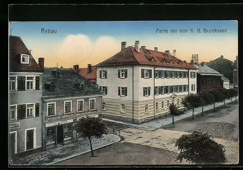 AK Rehau, Partie mit Drogerei Merkur und dem K. B. Bezirksamt