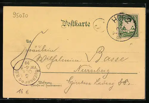 Lithographie Hof i. B., Teilansicht mit Fluss, Neujahrsgruss Heinrich Lamprecht, Kgl. Bankkassier