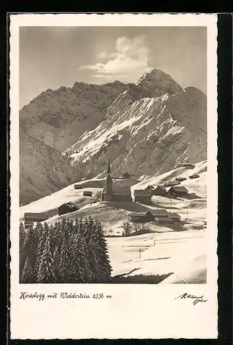 AK Hirschegg, Ortsansicht mit Widderstein im Winter