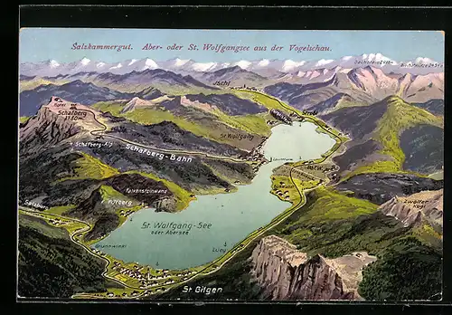 AK St. Wolfgang, Landkarte mit Aber- oder St. Wolfgangsee aus der Vogelschau