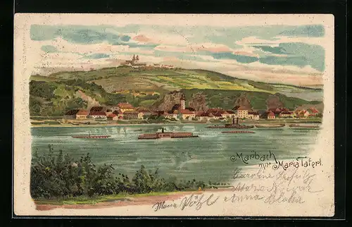 Lithographie Marbach, Panorama m. Maria Taferl & Dampfern