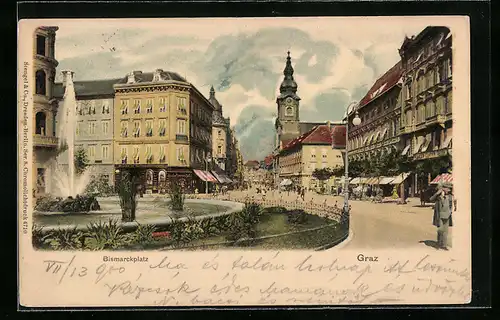 AK Graz, Partie auf dem Bismarckplatz mit Wasserfontäne