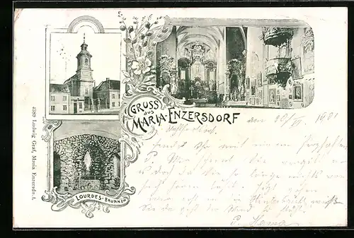 Lithographie Maria-Enzersdorf, Lourdes-Brunnen, Kirche