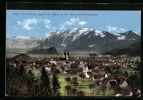 AK Götzis /Vorarlberg, Ortsansicht gegen Rhein u. Schweizer-Grenzgebirge