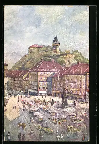 Künstler-AK Graz, Hauptplatz mit Markttreiben