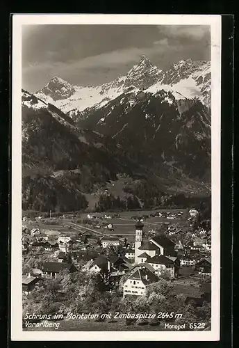 AK Schruns i. Montafon, Ortsansicht gegen Zimbaspitze