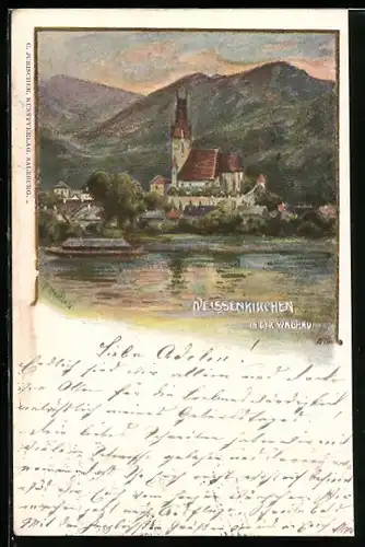 Künstler-AK Weissenkirchen /Wachau, Blick vom Wasser aus auf den Ort