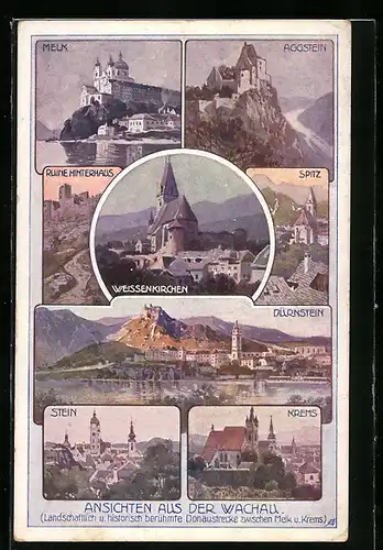 Künstler-AK Dürnstein a. D., Ortsansicht, Spitz, Melk, Ruine Hinterhaus