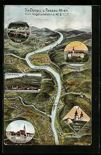 Künstler-AK Eugen Felle: Landkarte, Vogelschaubild 8, Ybbs, Marbach, Maria-Tafel, Persenbeug